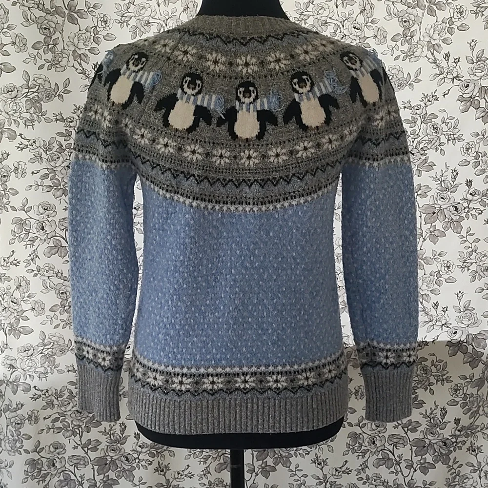 Holiday winter penguin sweater metallic blue knitted size small - Picture 6 of 10
